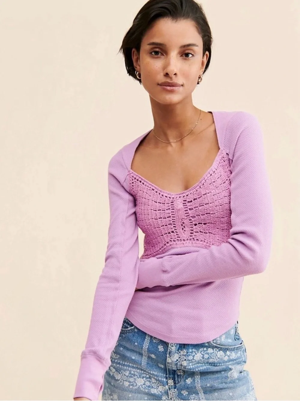 Free People purple butterfly Crochet Thermal cottage Boho waffle knit top M - Picture 1 of 8